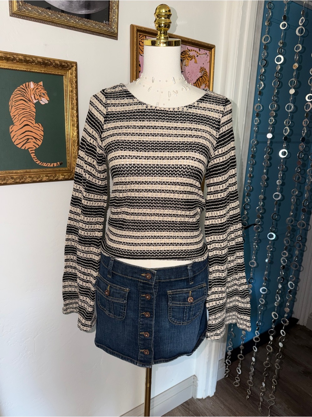 Asos Striped Black and Cream Knit Long-Sleeve Top